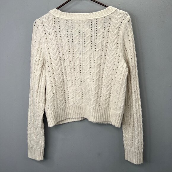 American Eagle Fisherman Cable Knit Sweater M Cropped Cardigan Beige Chunky - Picture 3 of 7